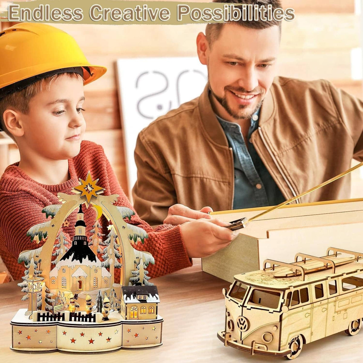 Kids assembling laser-cut basswood model pieces, house and vehicle on display