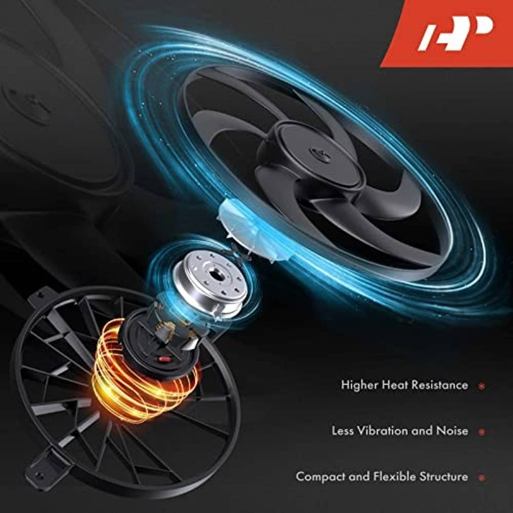 Radiator cooling fan with black blades and highlighted airflow around the fan