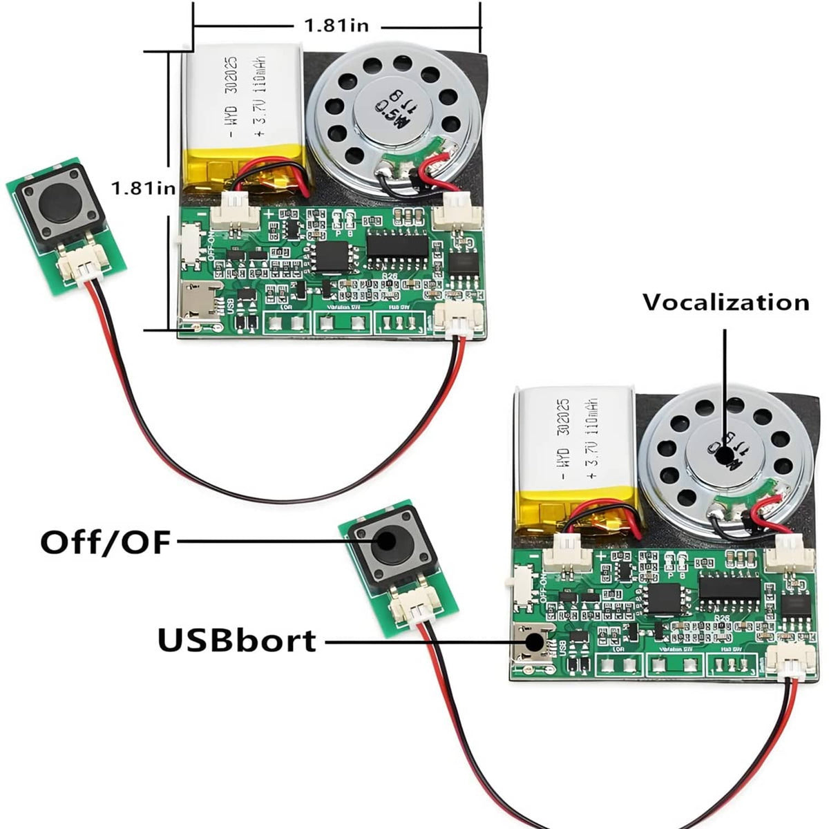 MP3 sound module PCB with speaker and yellow battery cell, size diagram view