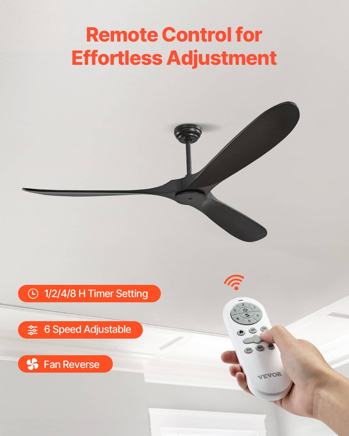 Black 3-blade ceiling fan with handheld remote control for speed and timer