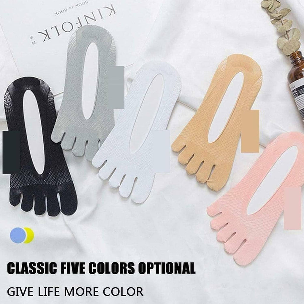 Five-toe no-show socks in multiple colors: black, white, pink, blue, and tan