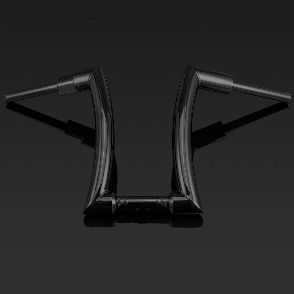 Black ape handlebars set with curved rise and horizontal bar ends on plain background
