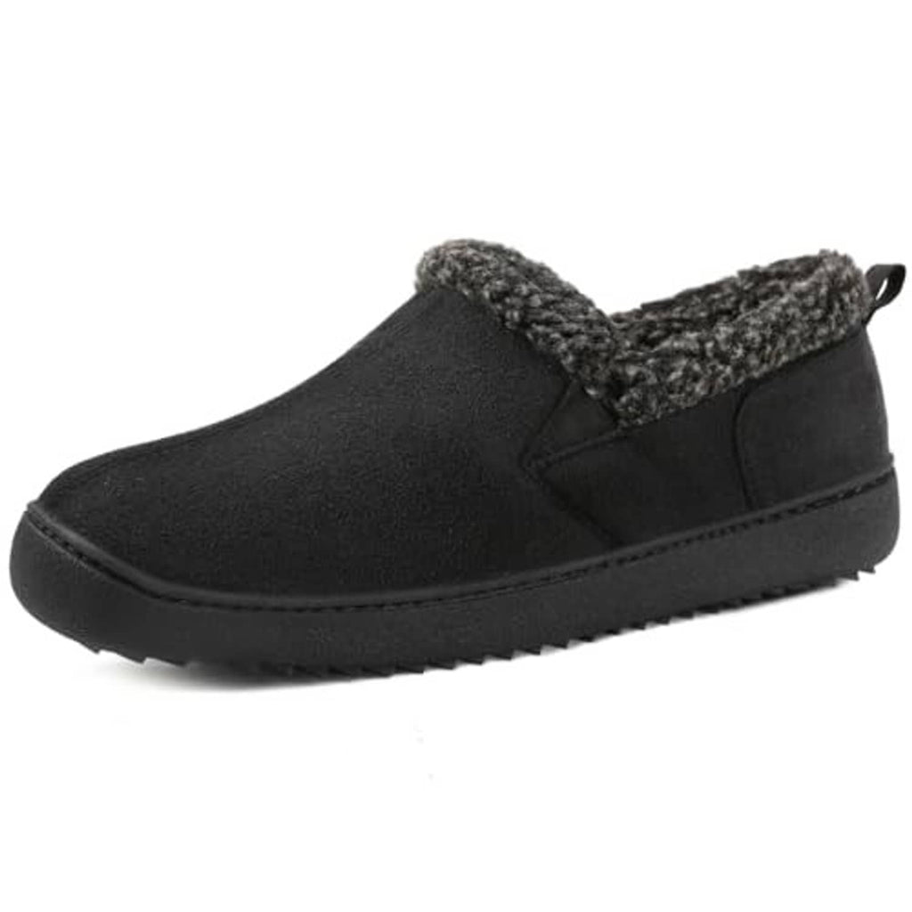 Men's black suede slip-on loafer slippers with textured faux-fur collar