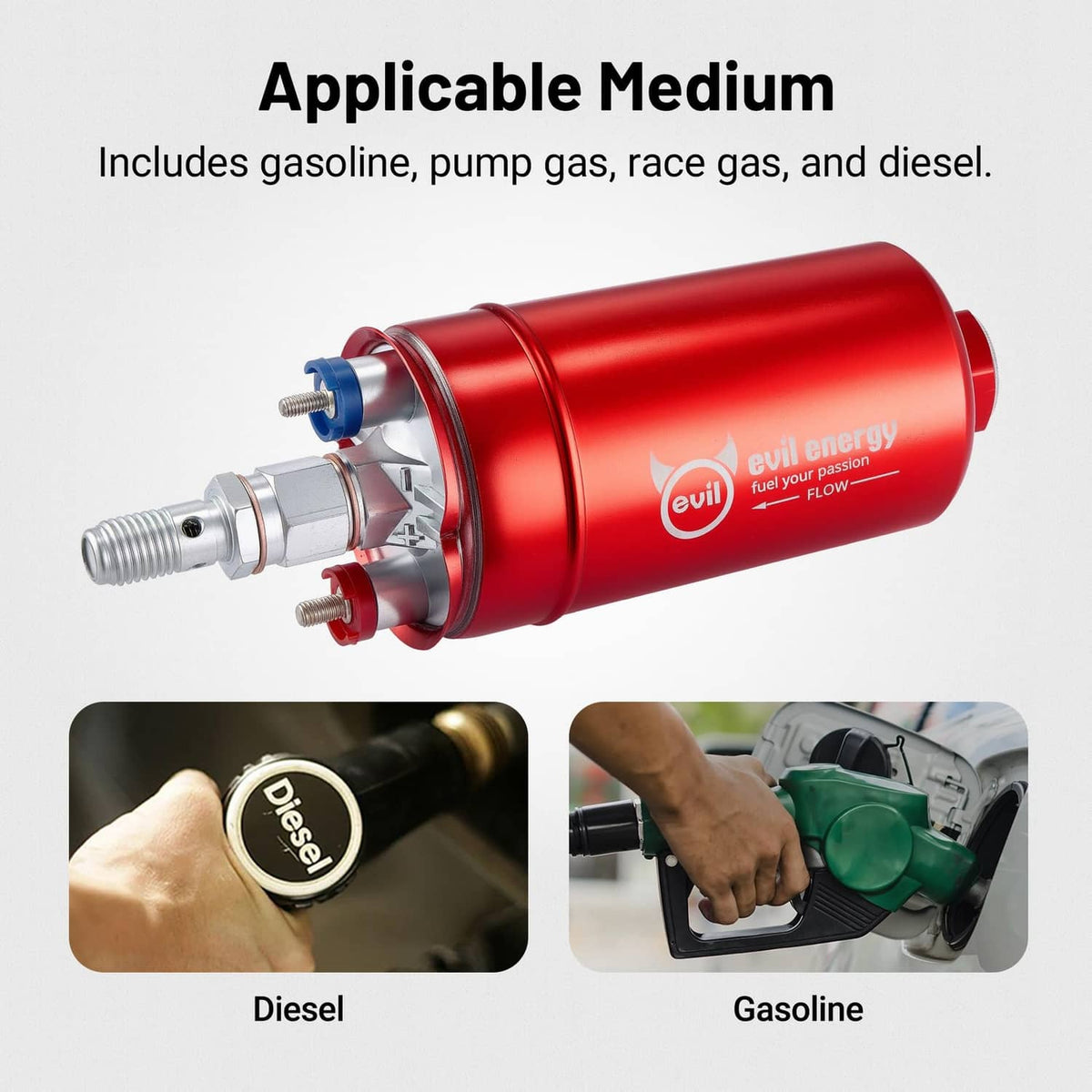 Red inline electric fuel pump with fuel line ports for gasoline or diesel use