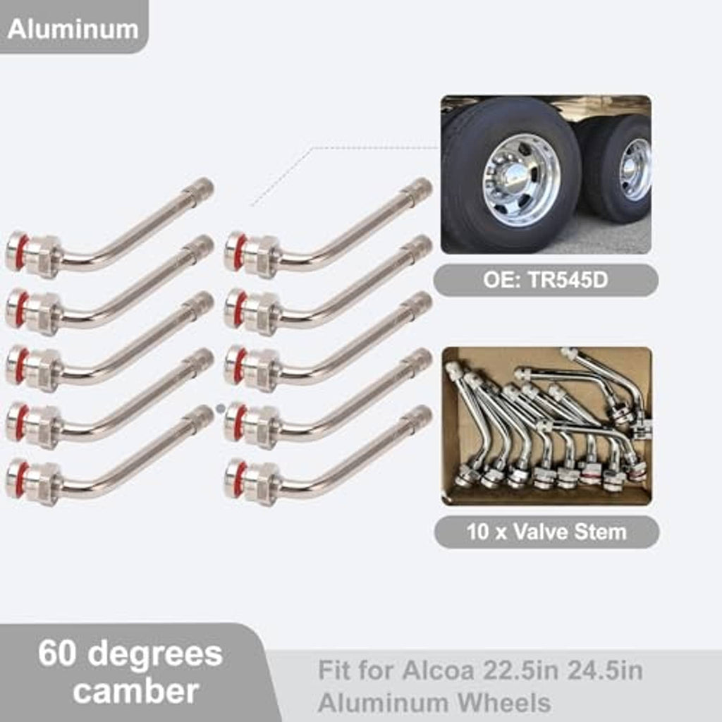 Truck tire valve stem extension set, curved chrome tubes with red sealing rings, multiple pieces.