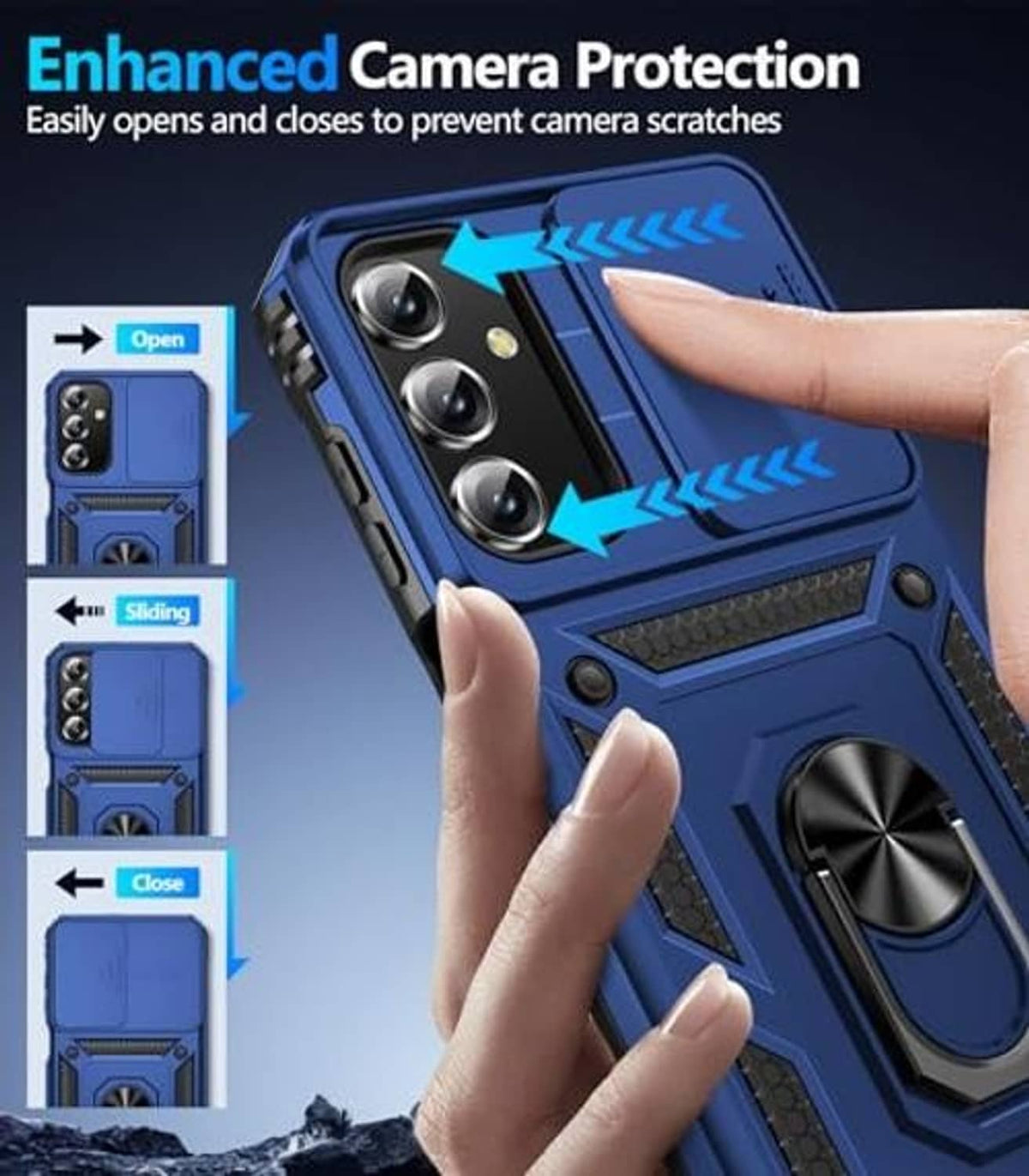 Blue rugged phone case with sliding camera lens cover and clear screen protector