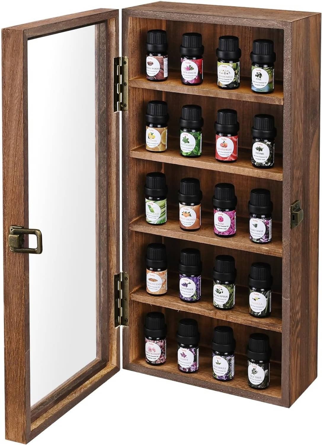 Wall mounted wooden display case with open door and five shelves of small bottles