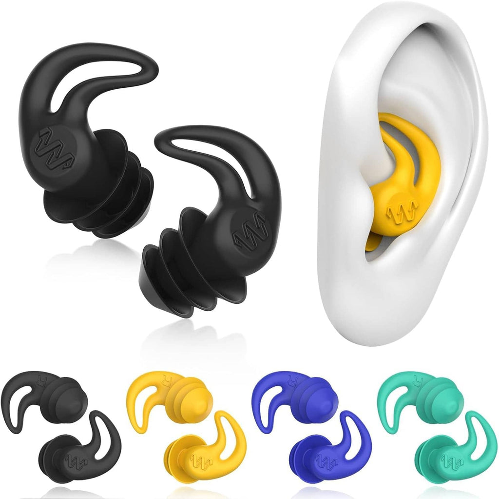 Reusable silicone swimming ear plugs set, black plugs and yellow plug shown in ear