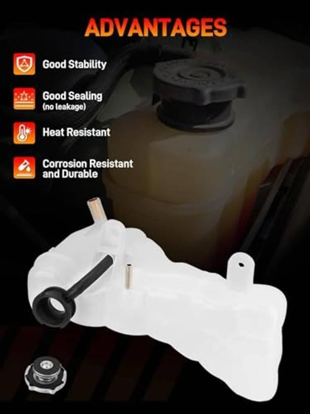 Engine coolant reservoir tank with cap, featuring stability and heat resistance icons.