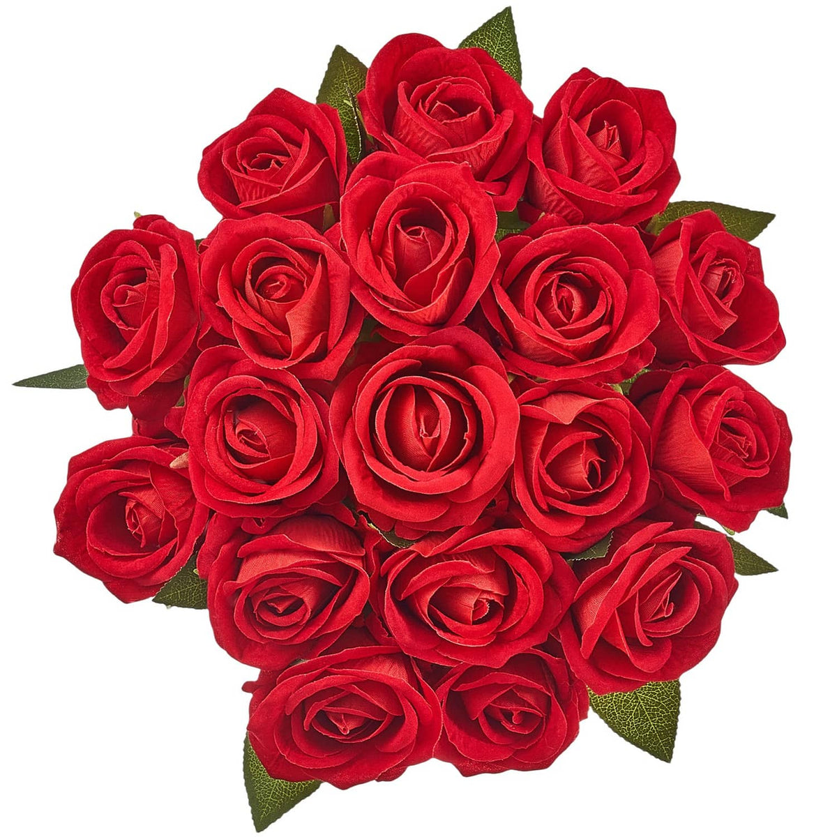 Red artificial rose bouquet with green leaves and densely clustered blooms