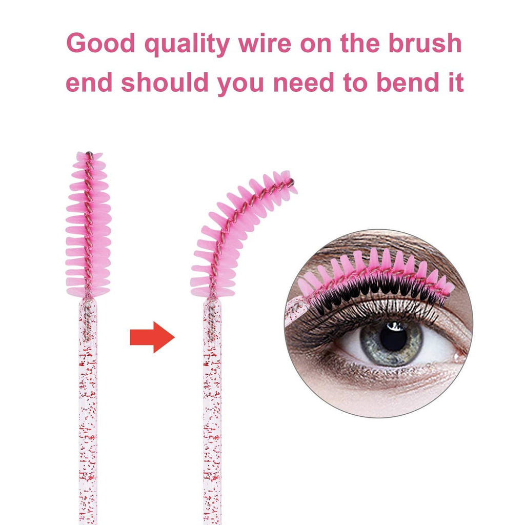 Disposable eyelash brush with glitter white handle and pink spiral bristles