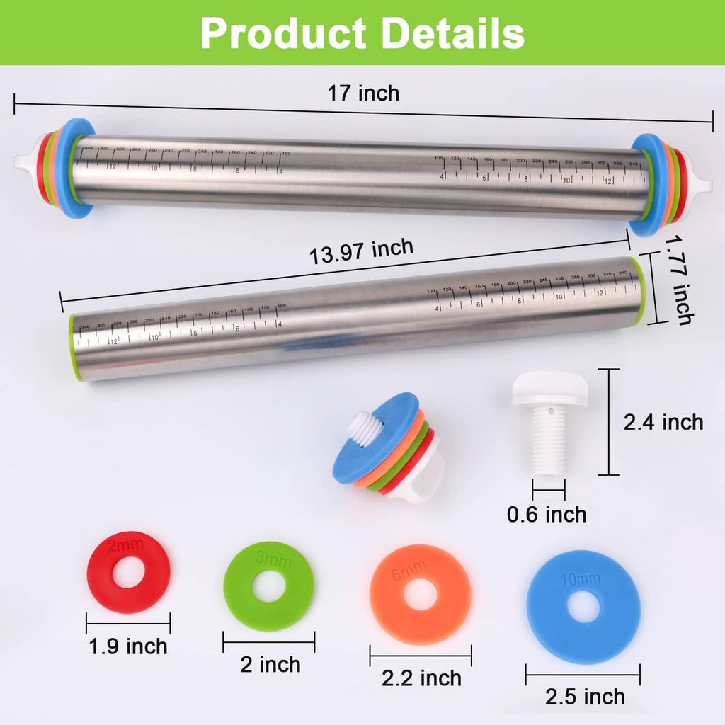 Adjustable rolling pin with engraved measuring scale and thickness rings, side view