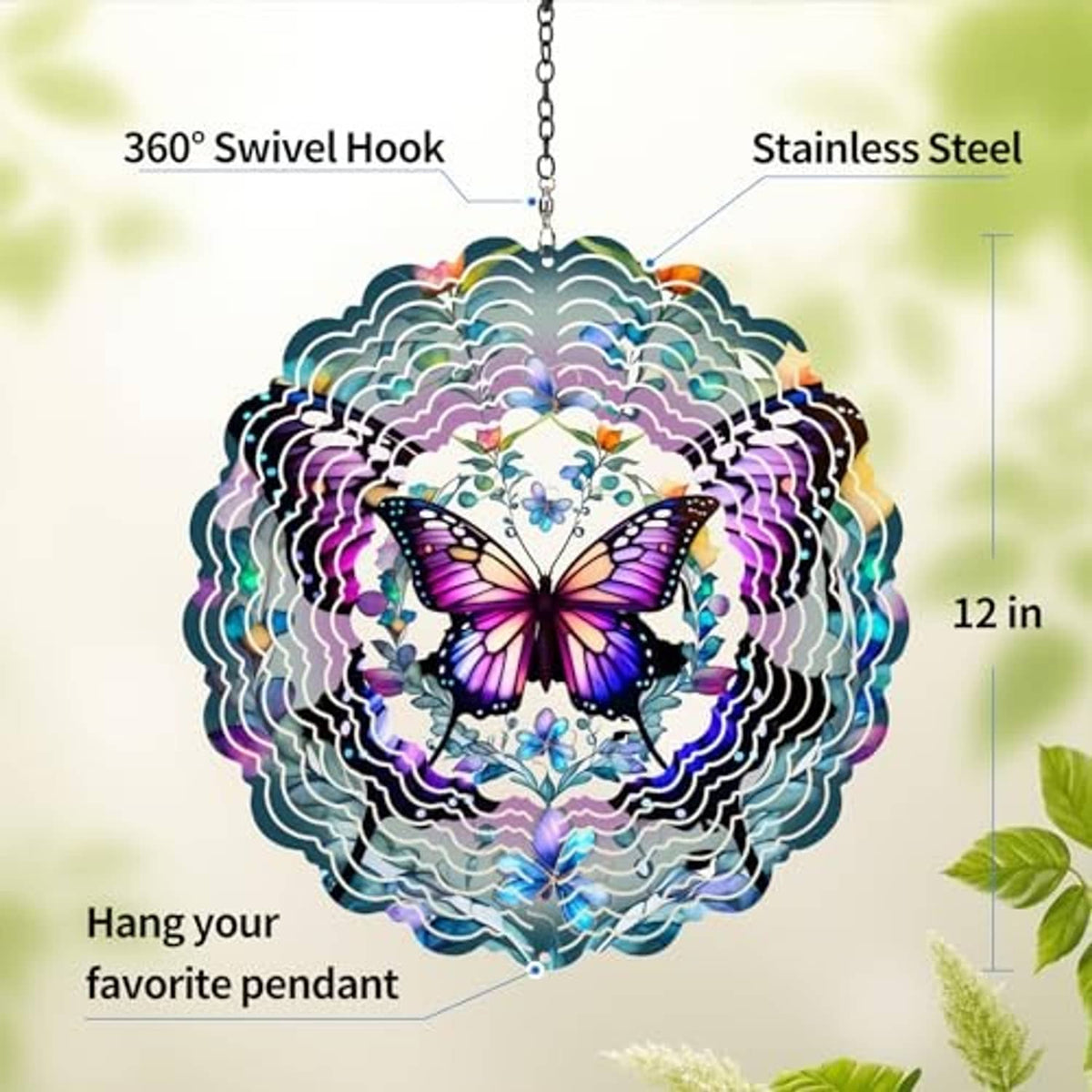 Butterfly wind spinner pendant with multicolor iridescent metal and hanging chain