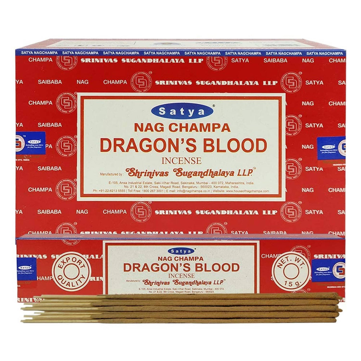 Satya incense sticks, multiple sticks shown beside the Dragon's Blood box