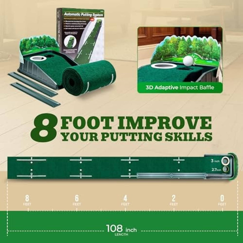 Long indoor putting green mat with integrated ball return end