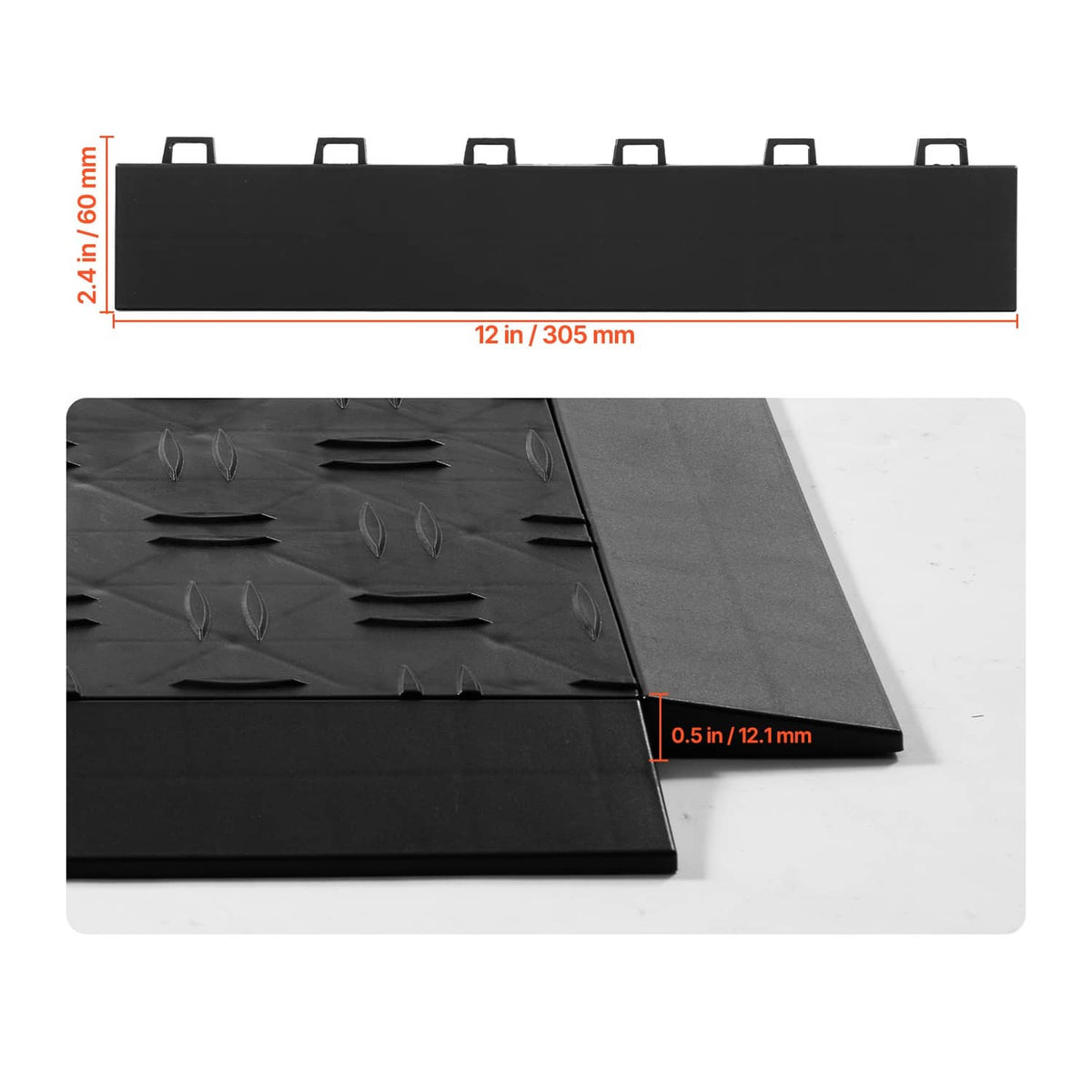Black interlocking garage floor edge mat with raised grip texture and seam