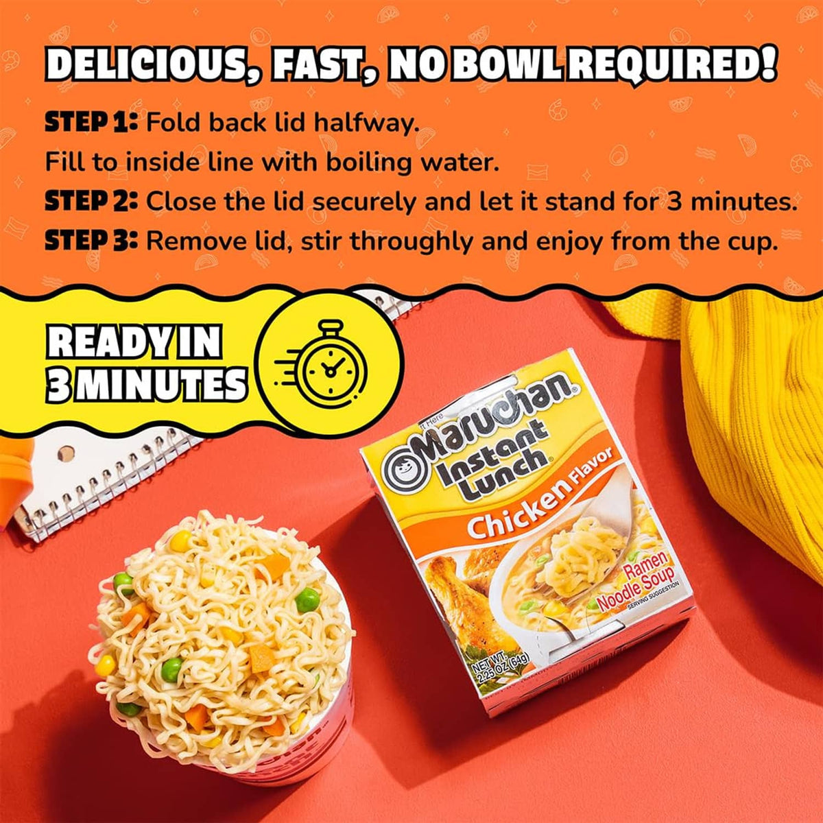 Instant ramen noodles in a cup with noodle block and chicken flavor packet