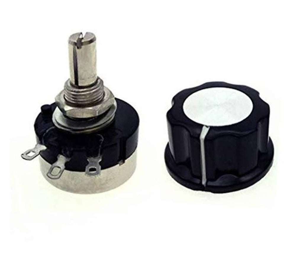 Carbon film rotary potentiometer with metal shaft, black knob, and three rear electrical tabs