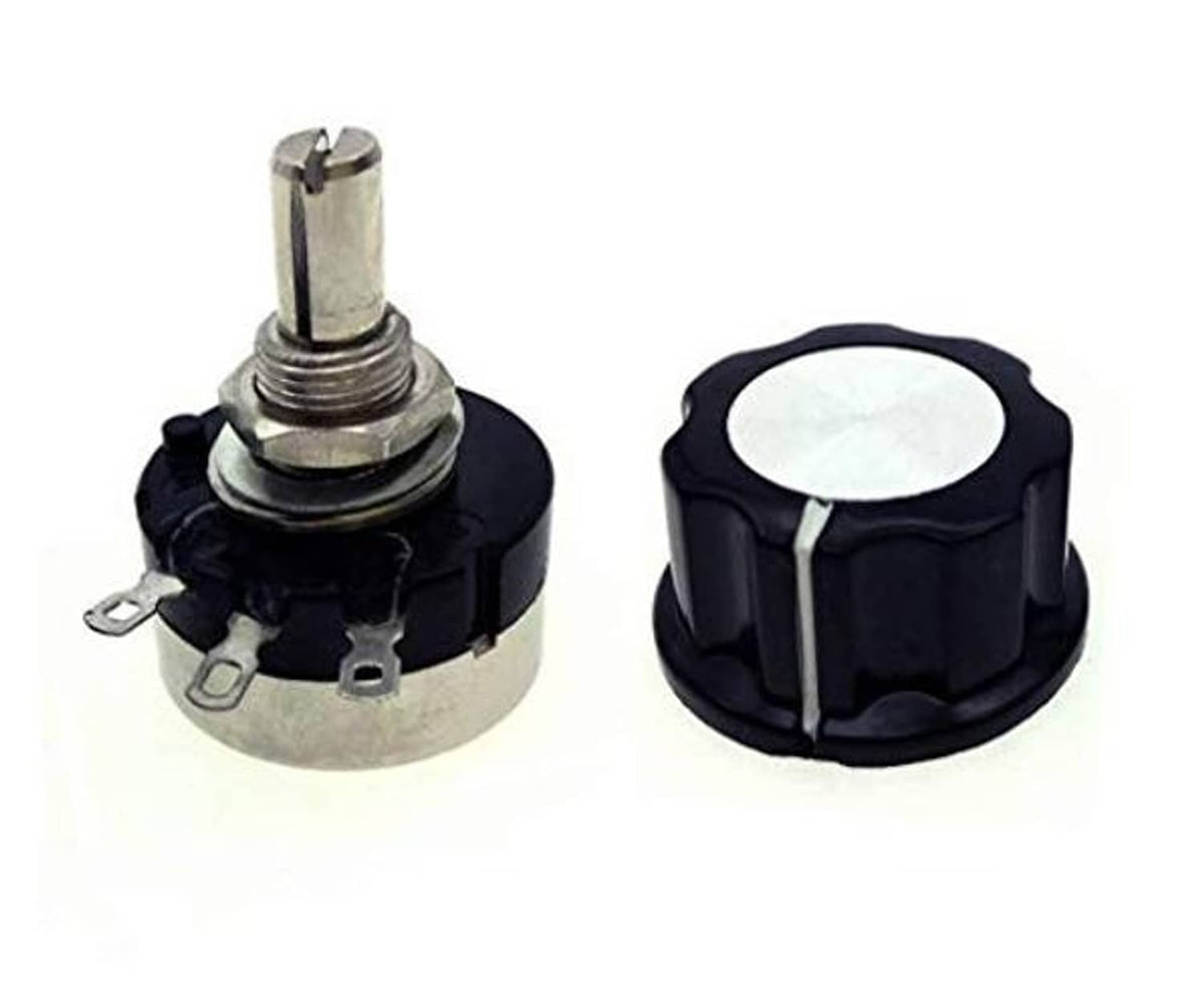 Carbon film rotary potentiometer with metal shaft, black knob, and three rear electrical tabs