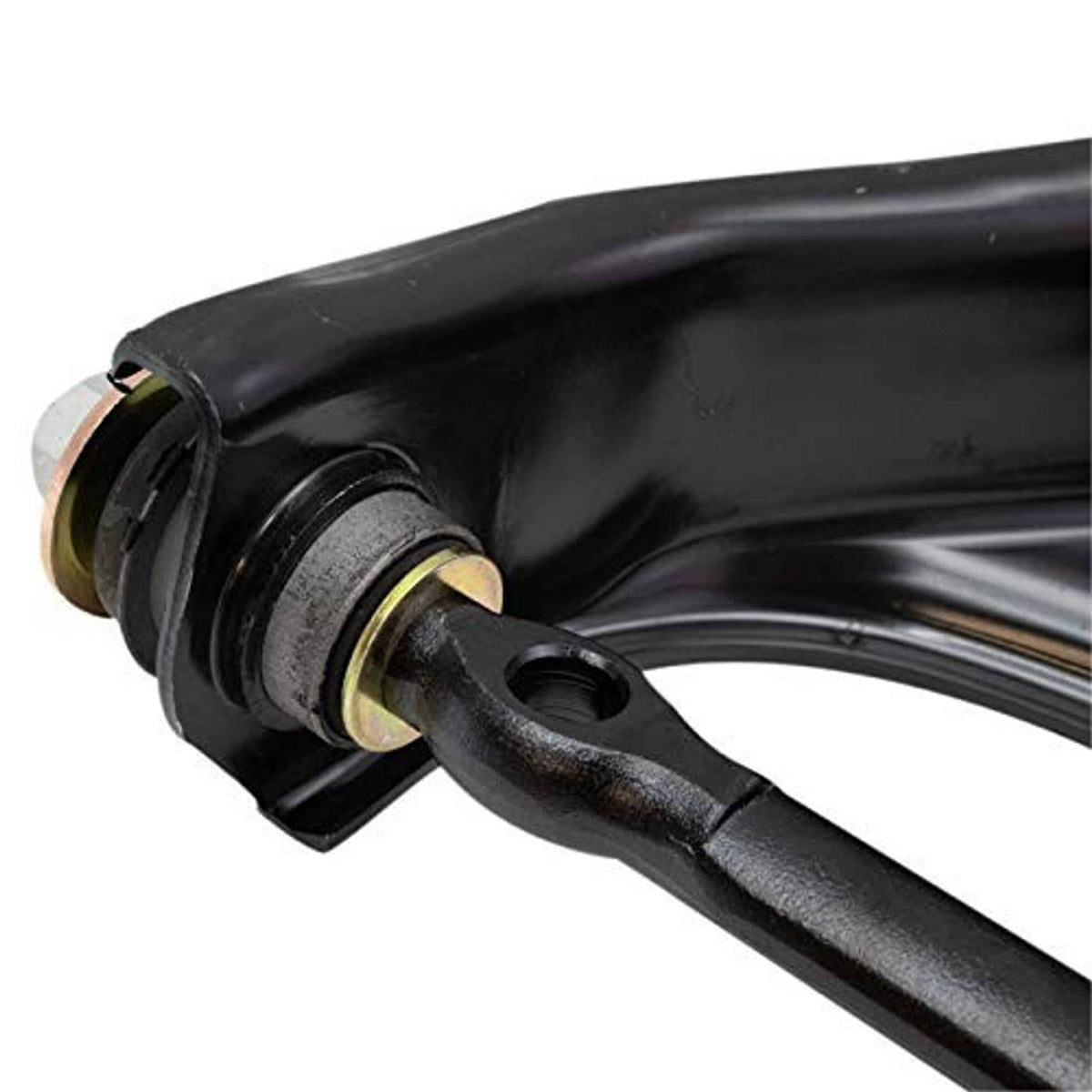 Black front upper control arm bushing and joint end with metal hardware