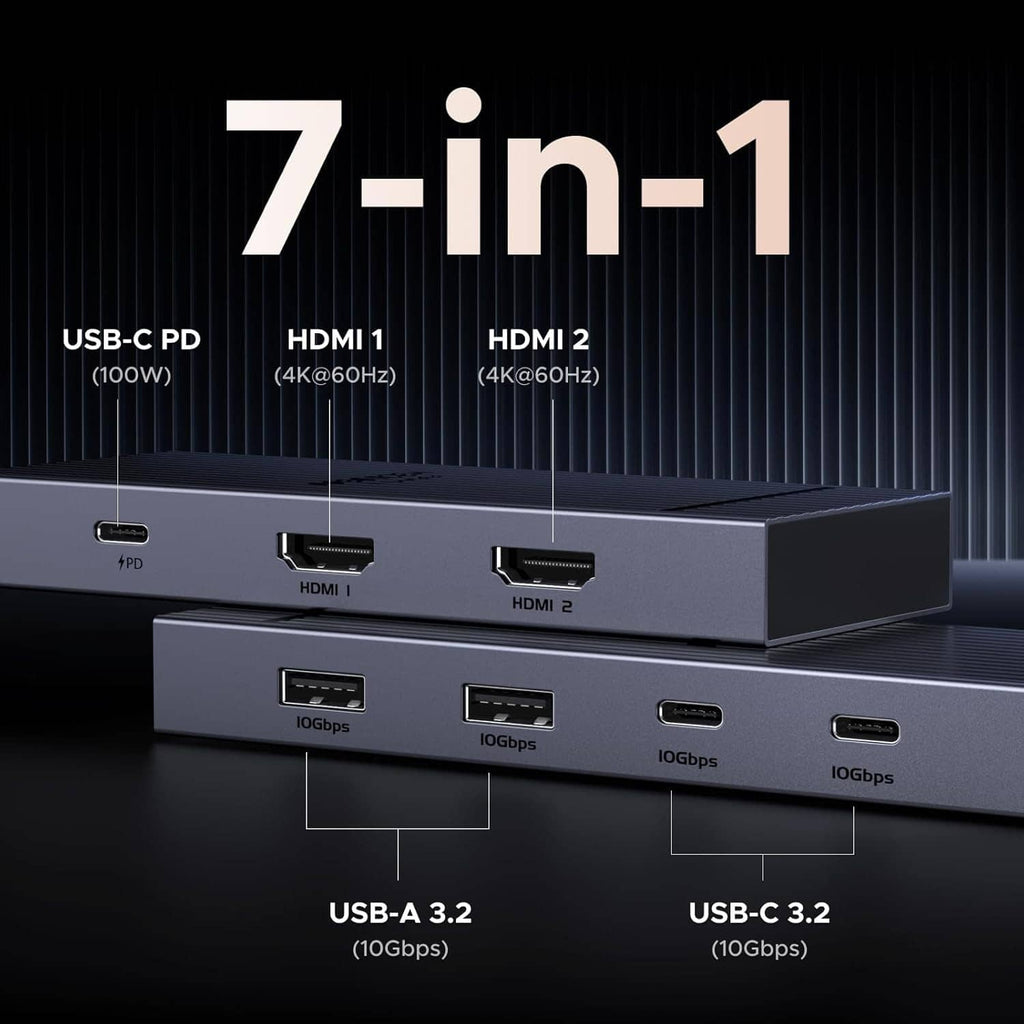 UGREEN dual-monitor USB-C docking station front view with HDMI ports and USB 3.2 connections