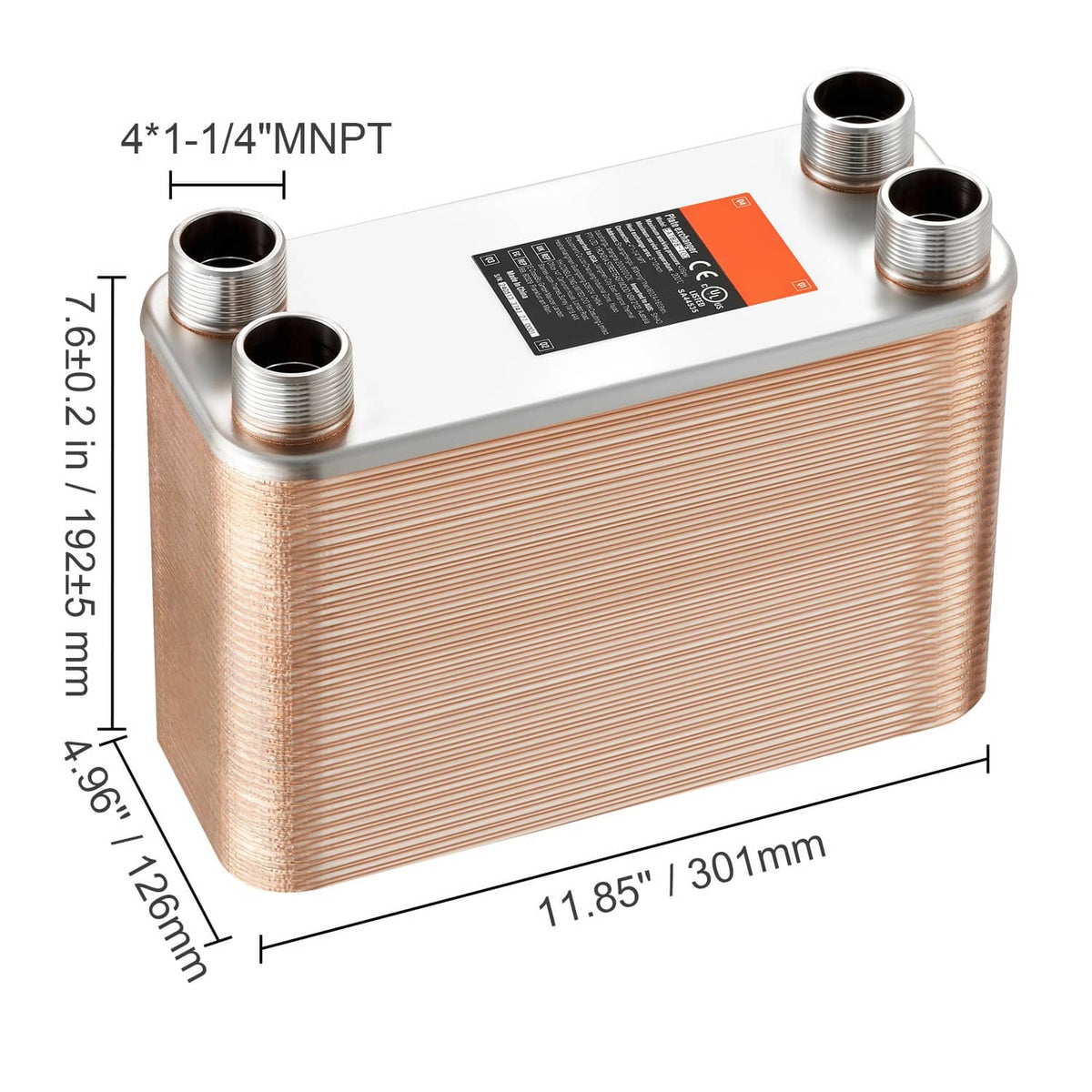 Copper brazed plate heat exchanger with four threaded MNPT ports, angled side view