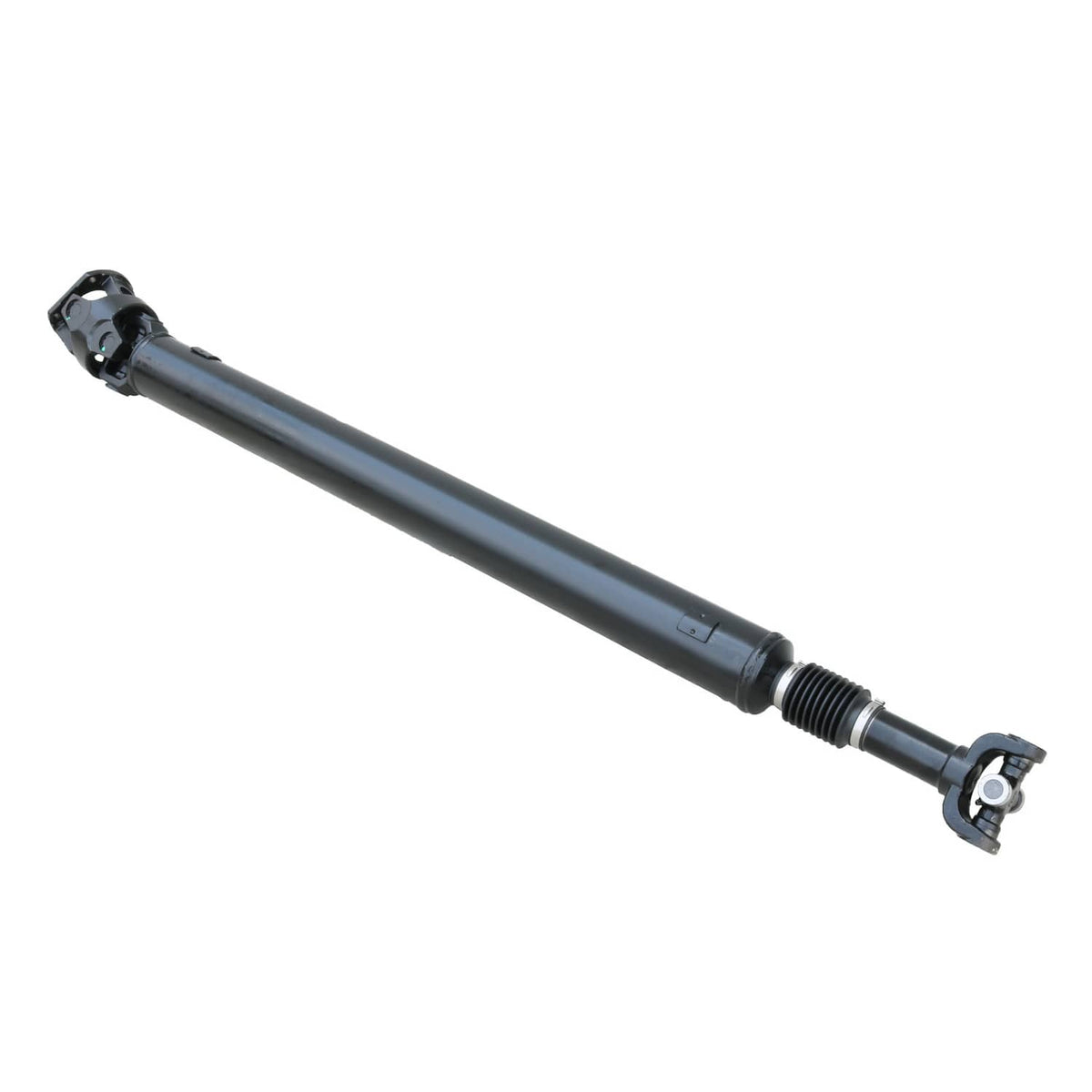 Rear driveshaft with u-joint yokes and mid-shaft tube, dark steel finish