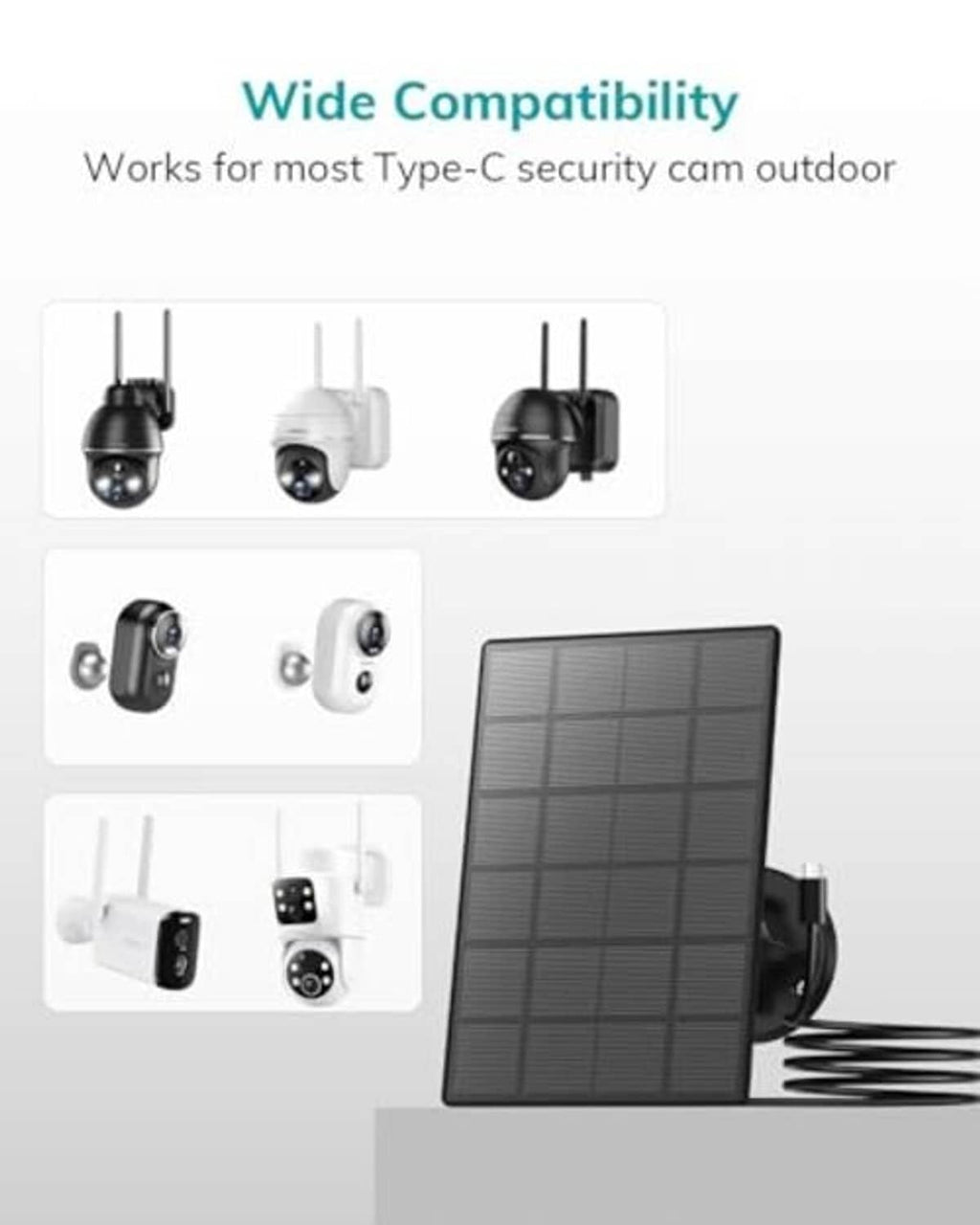 Solar panel with wall mount and compatibility layout for Type-C security cameras