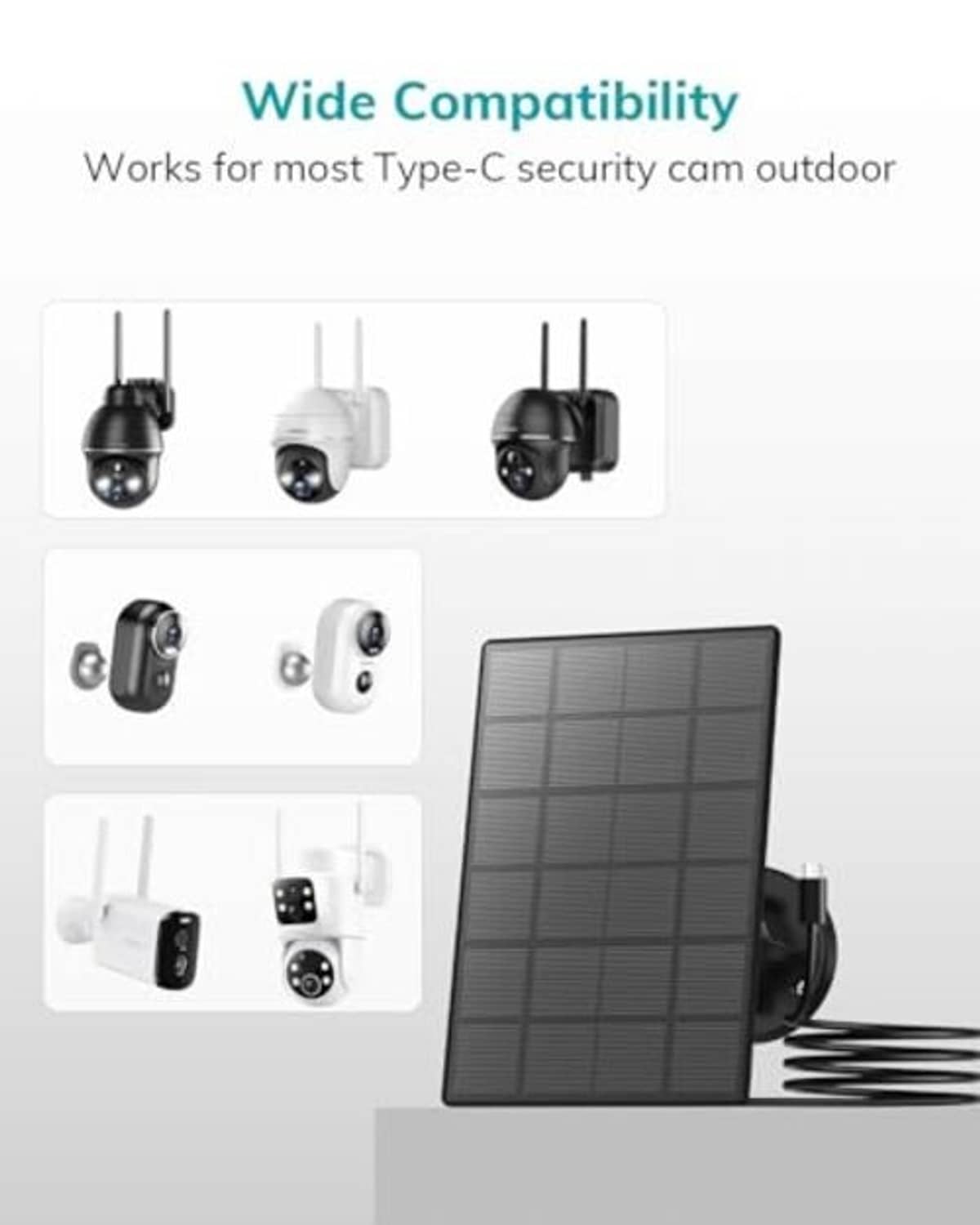 Solar panel with wall mount and compatibility layout for Type-C security cameras