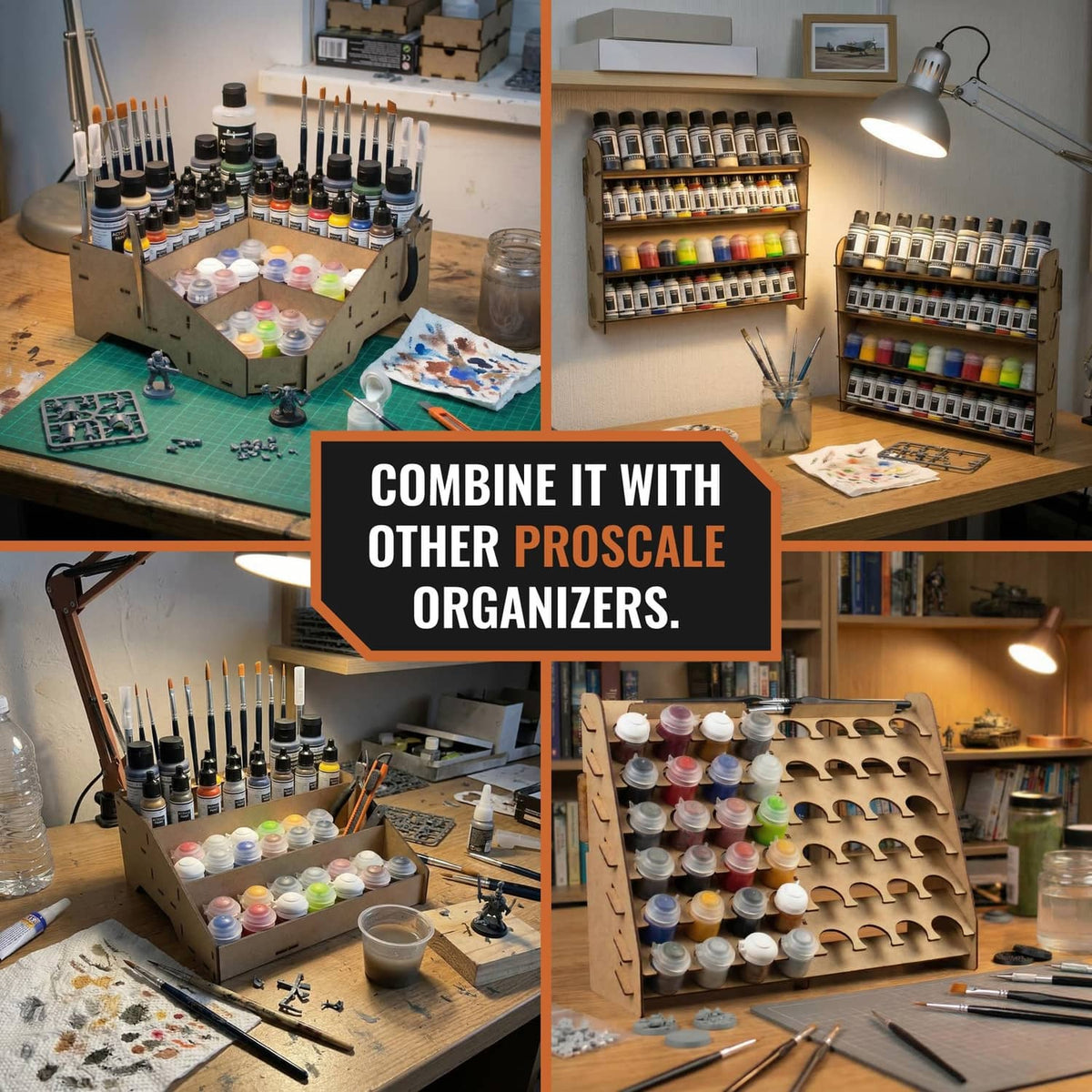 Wooden brush organizer with paint bottles and brushes arranged on shelves and tables