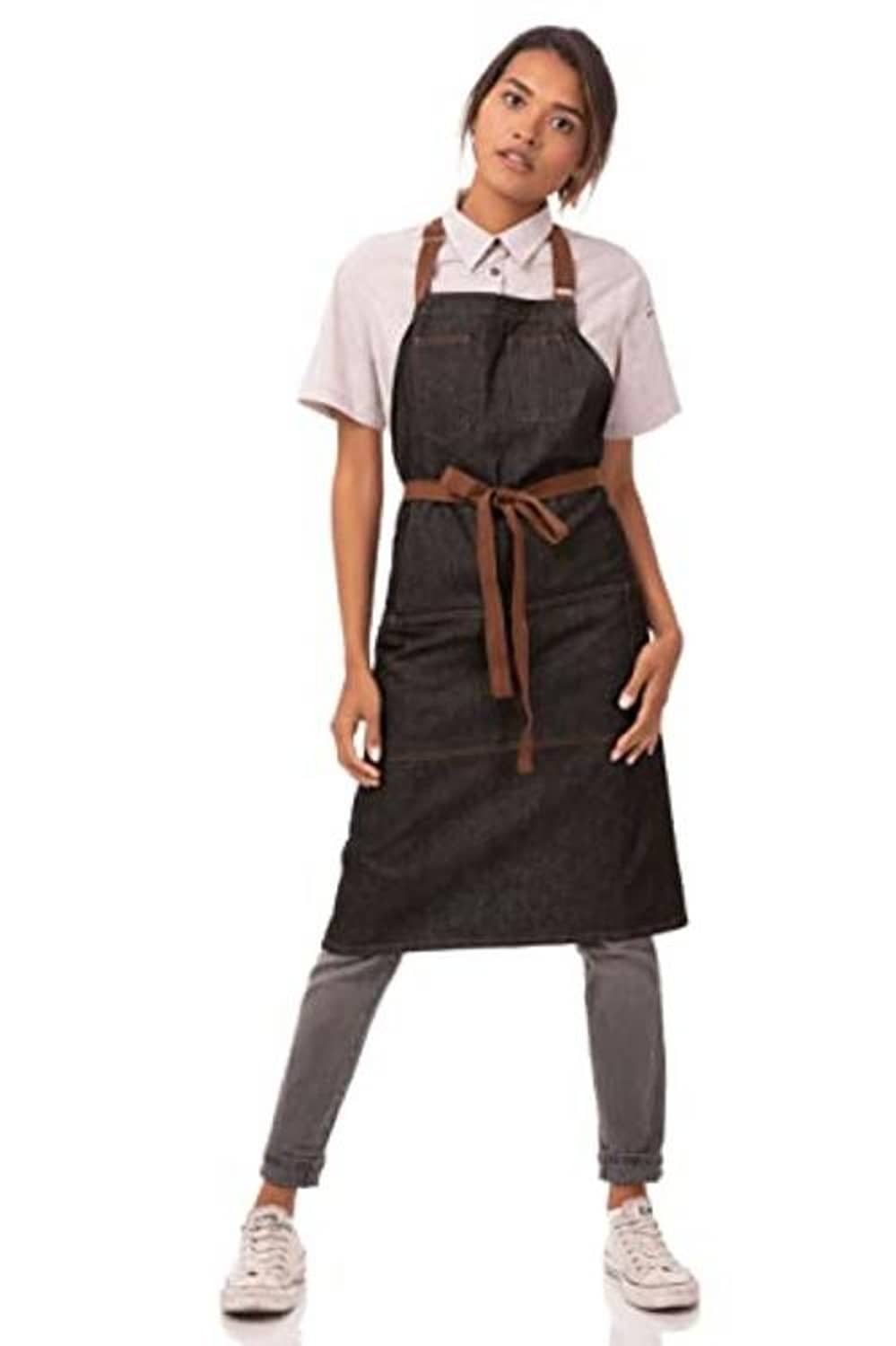 Unisex dark bib apron, long front, brown waist tie, and front pocket detail