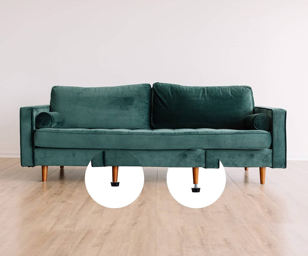 Black screw-in furniture leveler feet under sofa legs, showing threaded stems