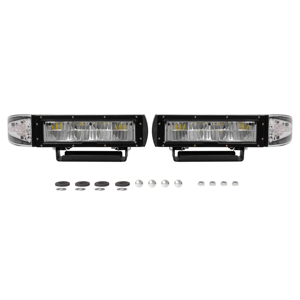 2-piece heated LED plow lights with mounting bracket and included hardware parts