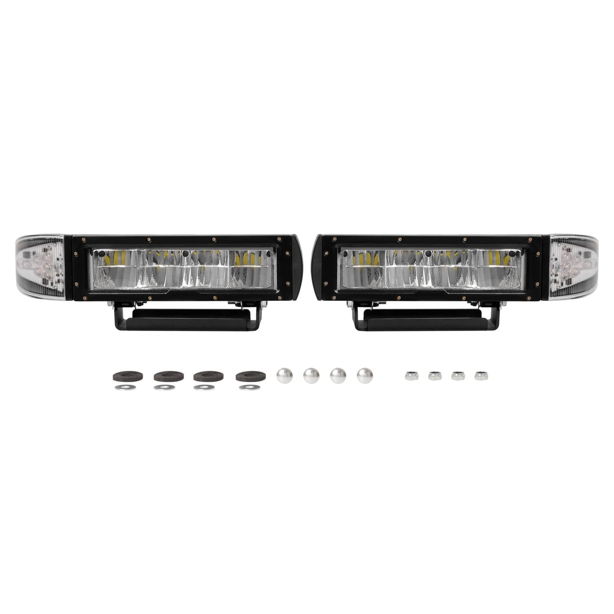 2-piece heated LED plow lights with mounting bracket and included hardware parts