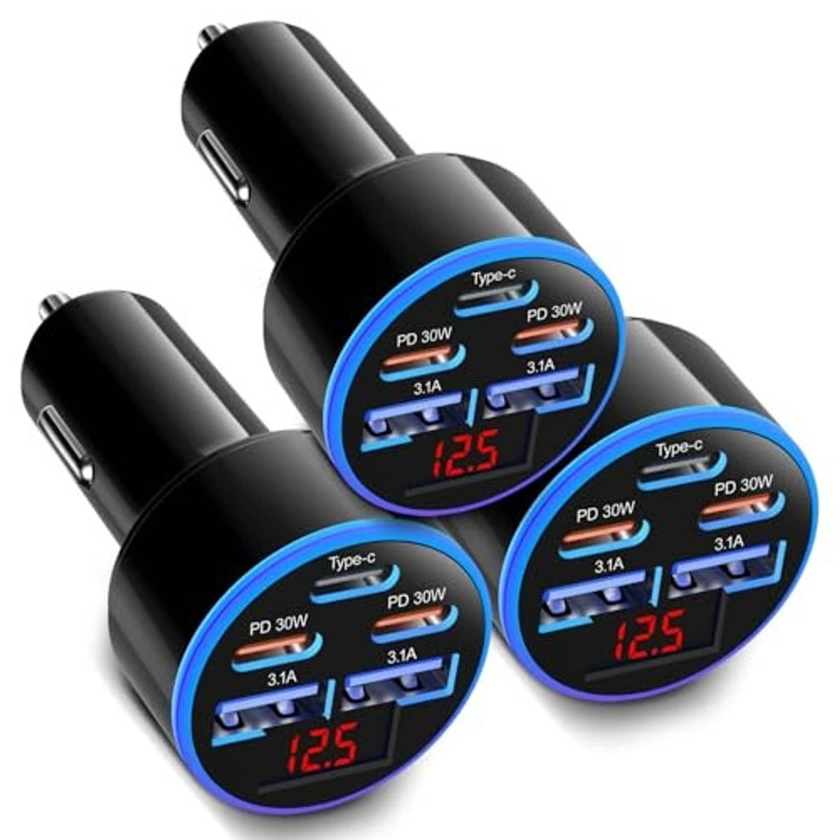 3-pack black car chargers with blue LED screens and Type-C PD ports