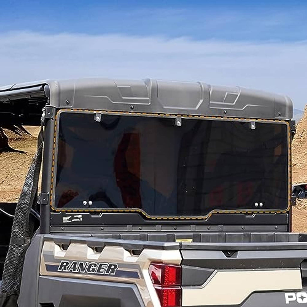 Rear full windshield with dark tinted glass and gray frame on off-road vehicle