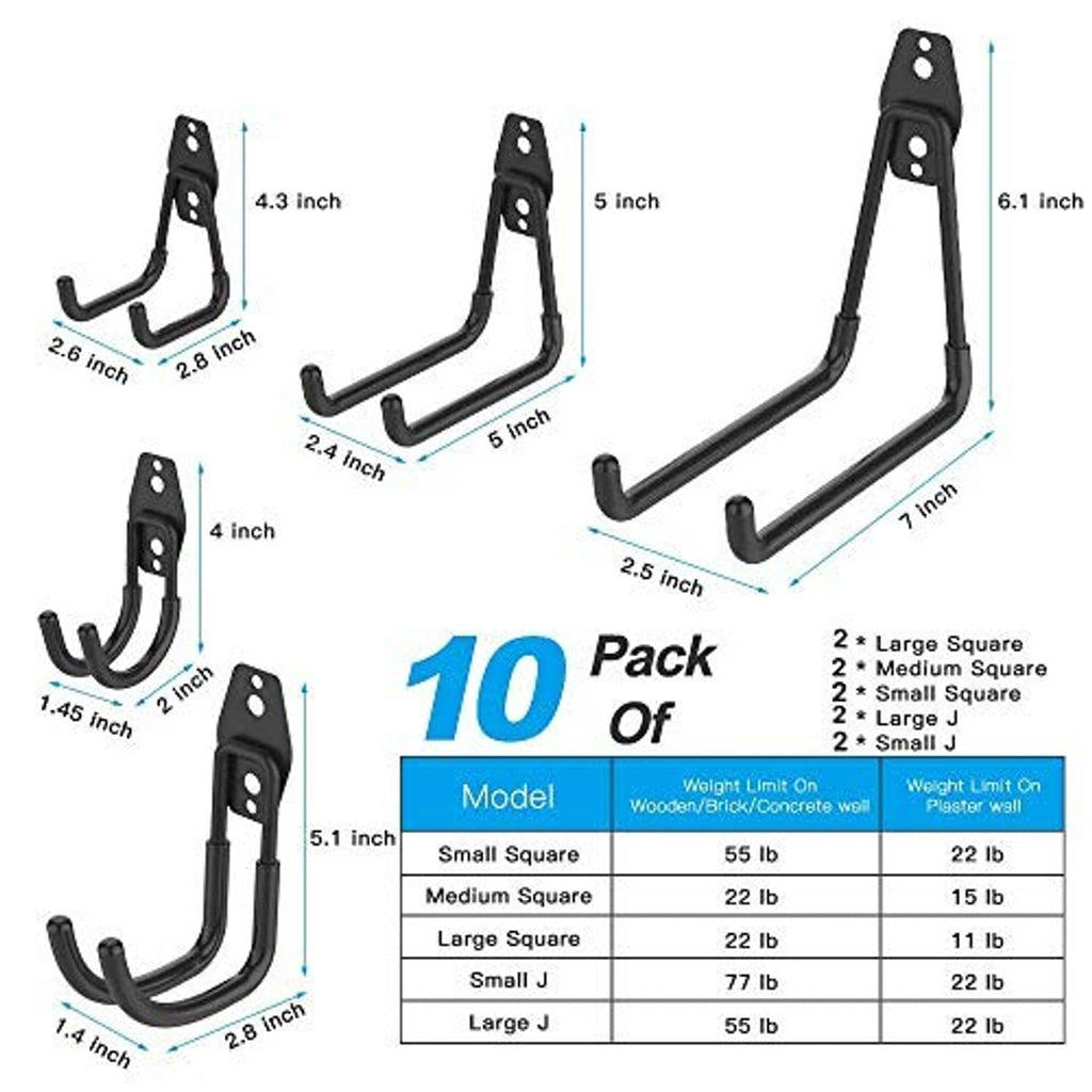 Black wall hooks with size measurements diagram and model table for different hook types