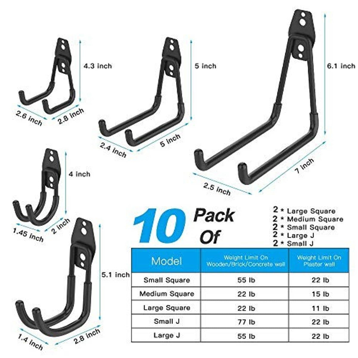 Black wall hooks with size measurements diagram and model table for different hook types