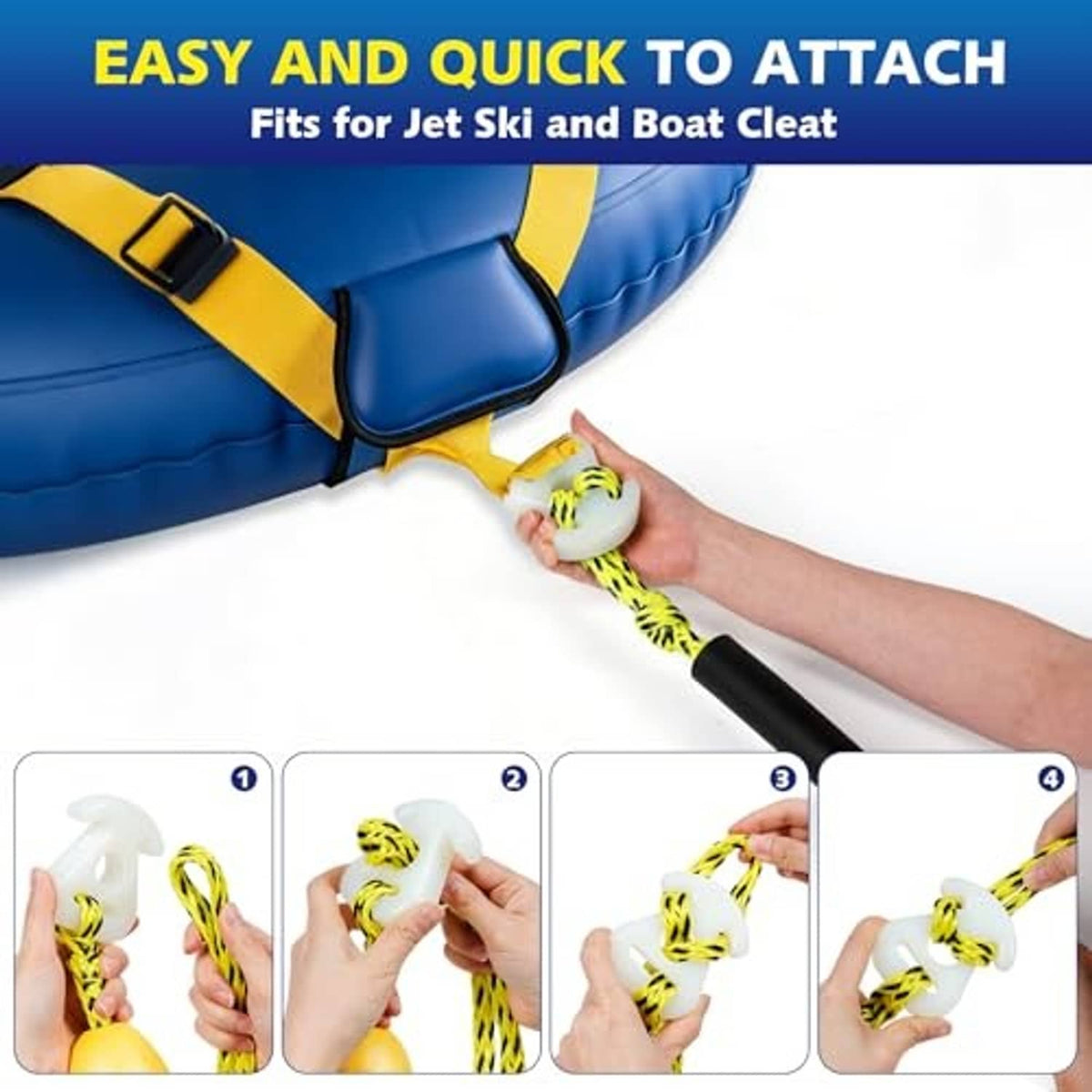 Yellow-and-black braided tow rope with black sleeve, attached to an inflatable tube.