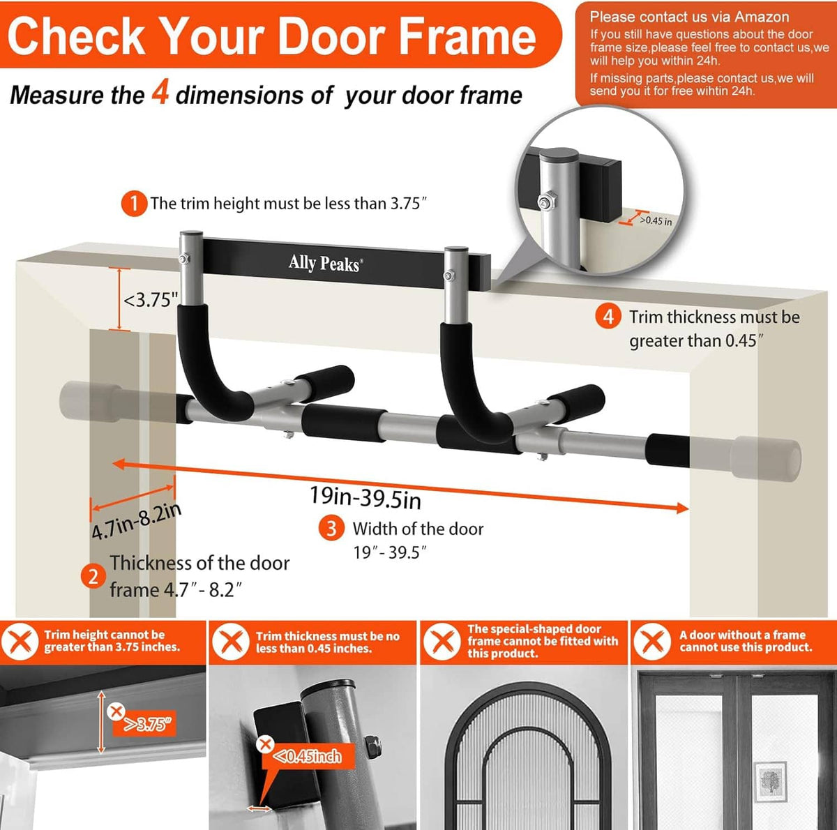 Doorway pull up bar with foam grips and adjustable U-shaped door frame contact supports