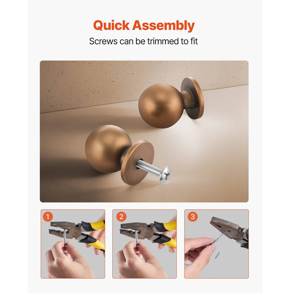 Round antique brass cabinet knobs with included mounting screws for quick assembly