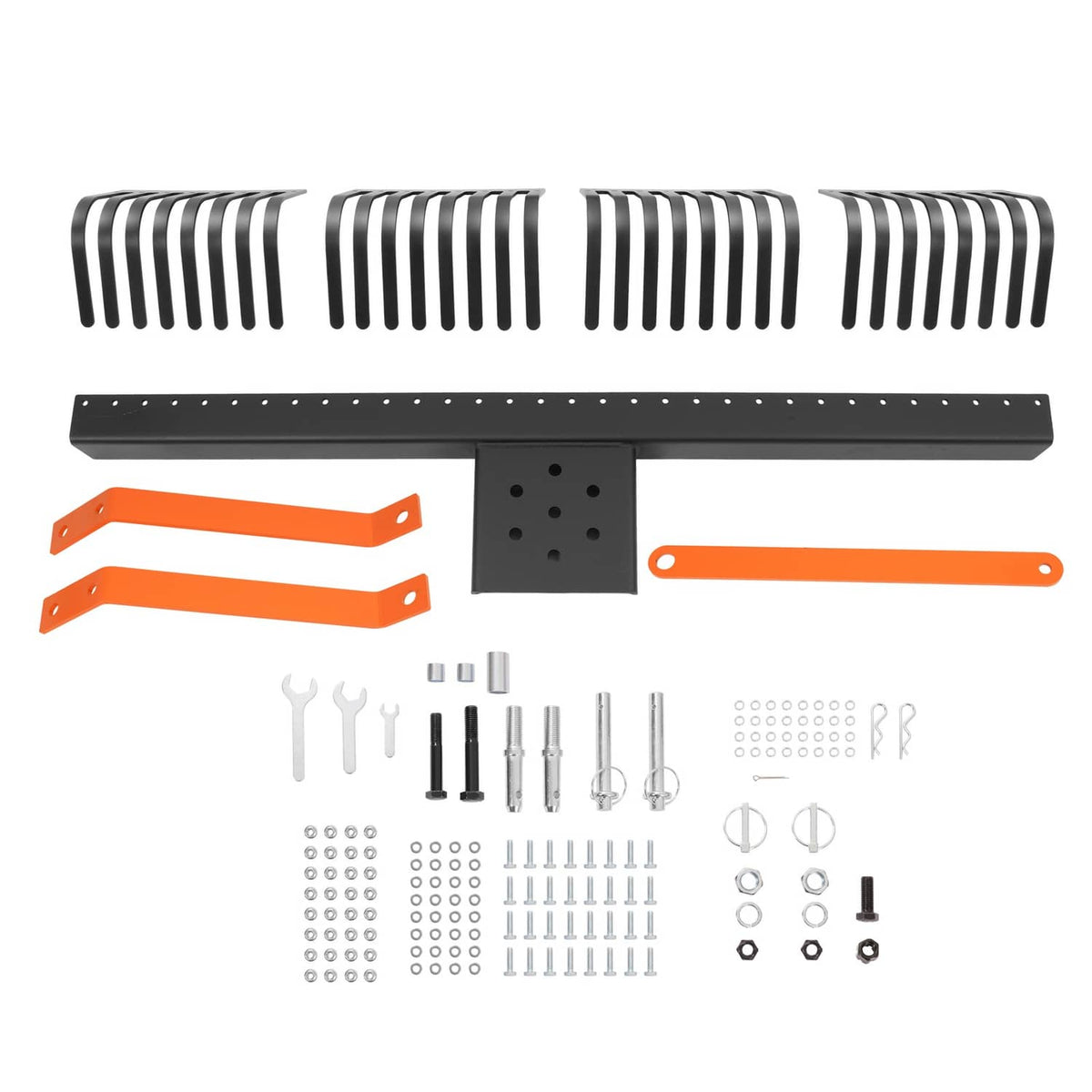 Rock rake attachment parts layout: black tine bar, orange brackets, and hardware kit