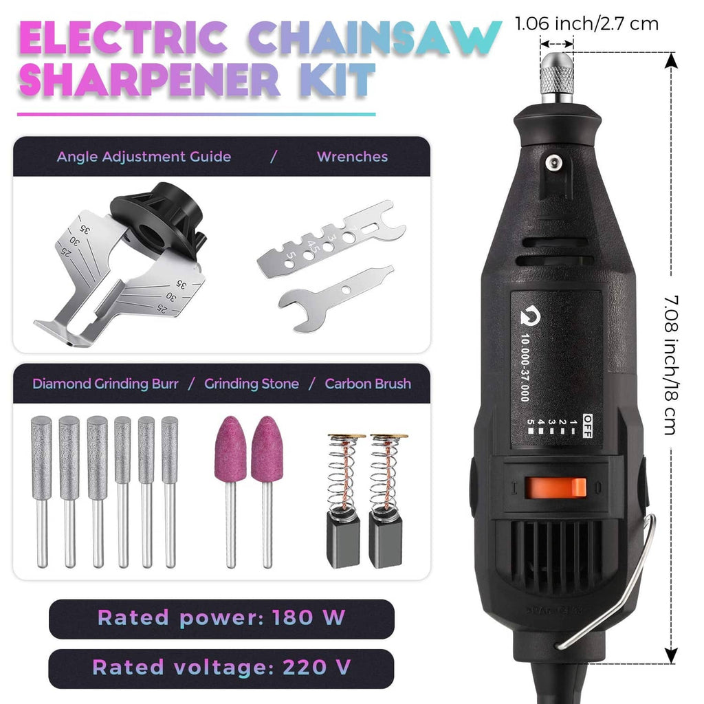 Electric chainsaw sharpener kit with 180W tool, angle guide, grinding bits and stones