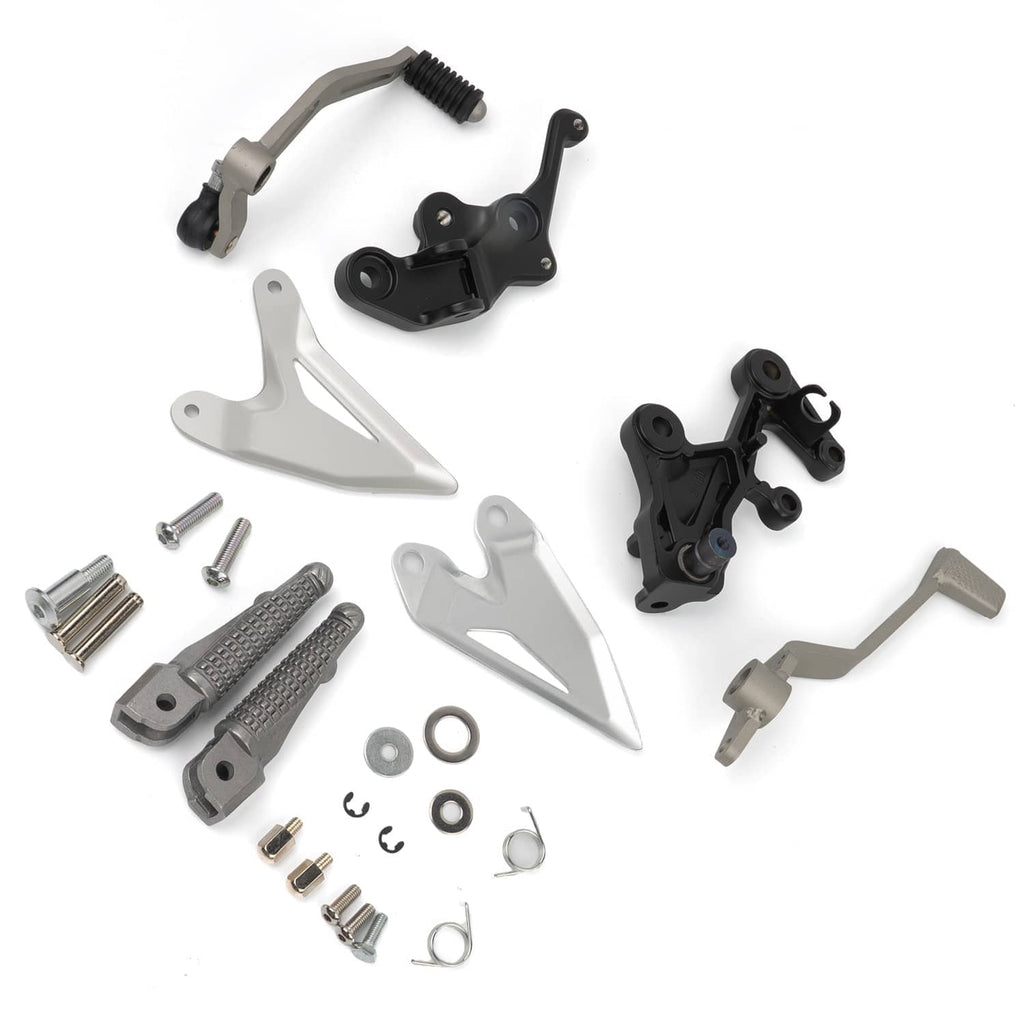 Motorcycle driver foot peg bracket kit set with silver foot plates, black brackets, and pegs