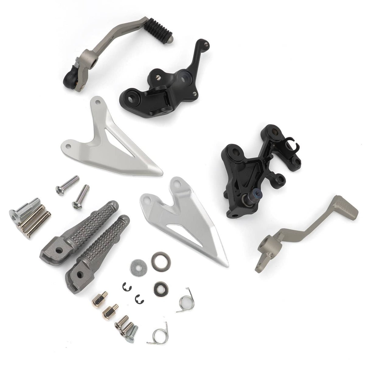 Motorcycle driver foot peg bracket kit set with silver foot plates, black brackets, and pegs