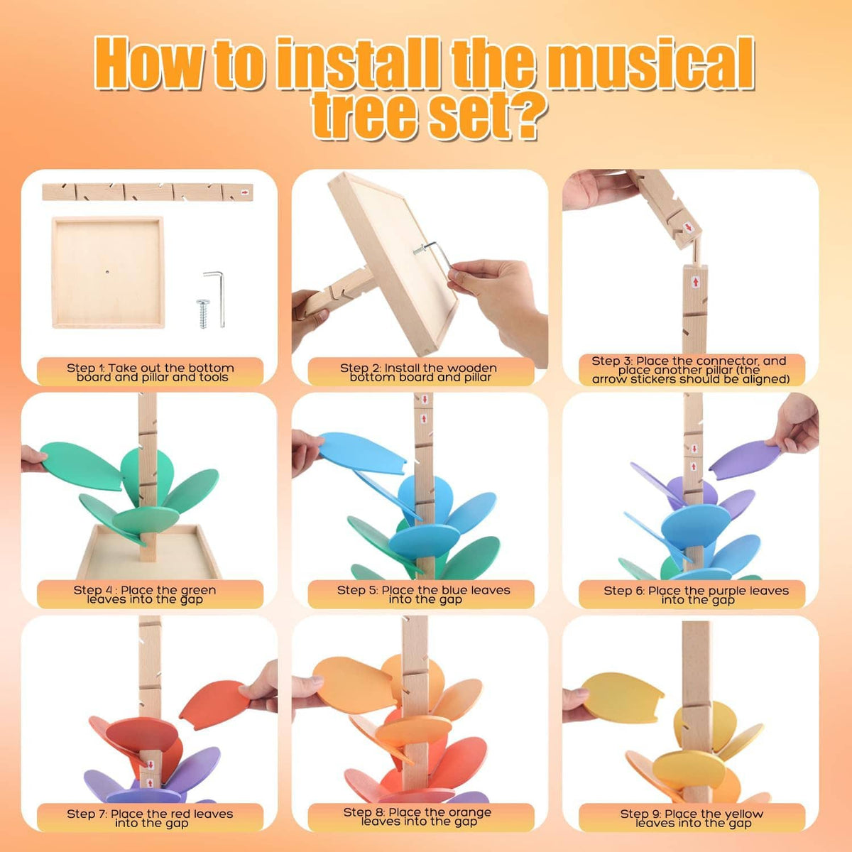 Wooden music tree toy with assembly steps showing base, pillar, and colorful leaf pieces