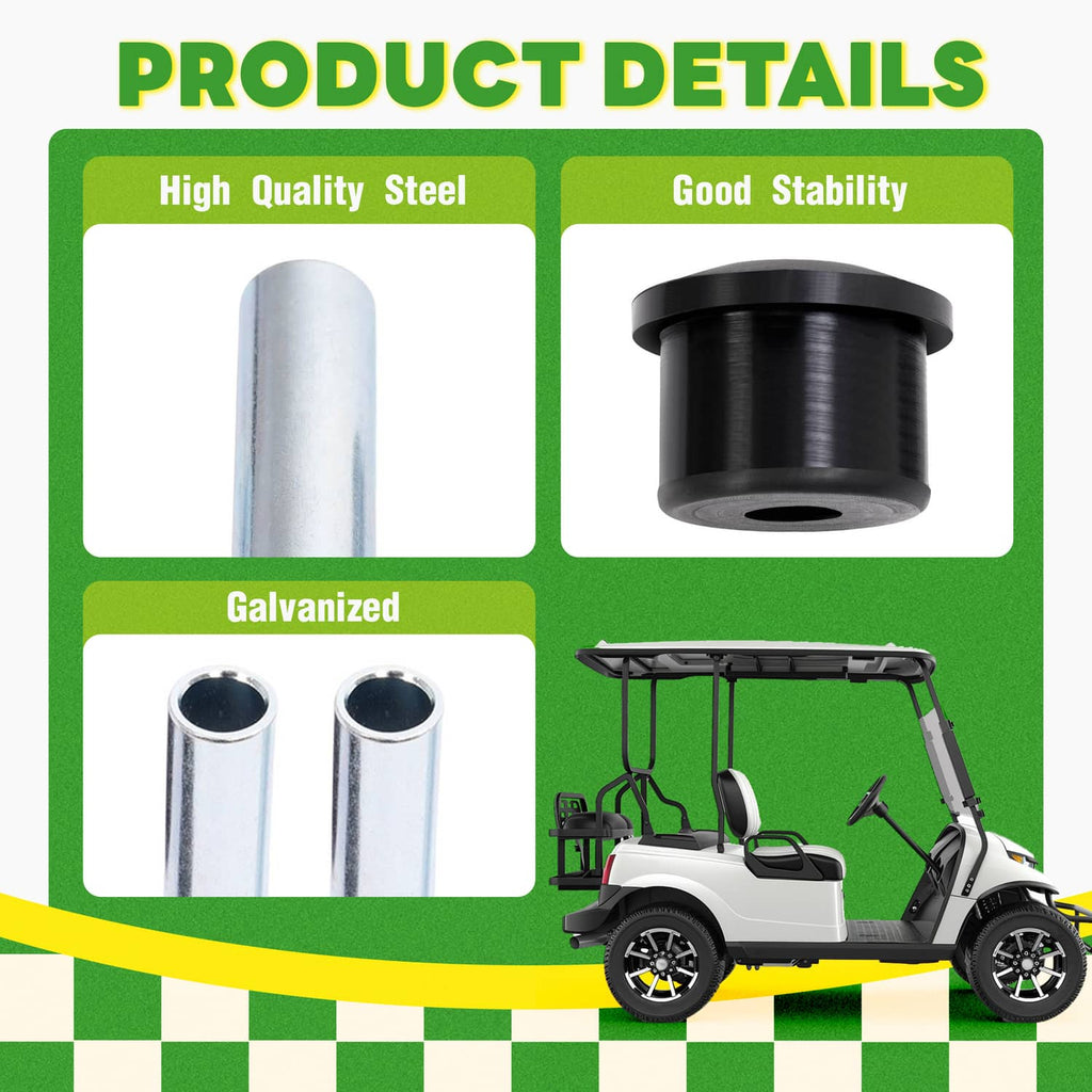 Leaf spring bushing kit details: black rubber bushings and galvanized steel sleeves