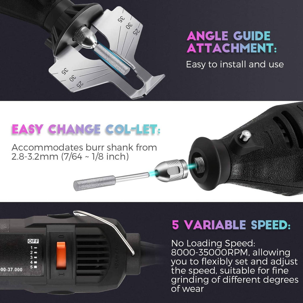 Electric chainsaw sharpener tool with angle guide attachment and grinding spindle