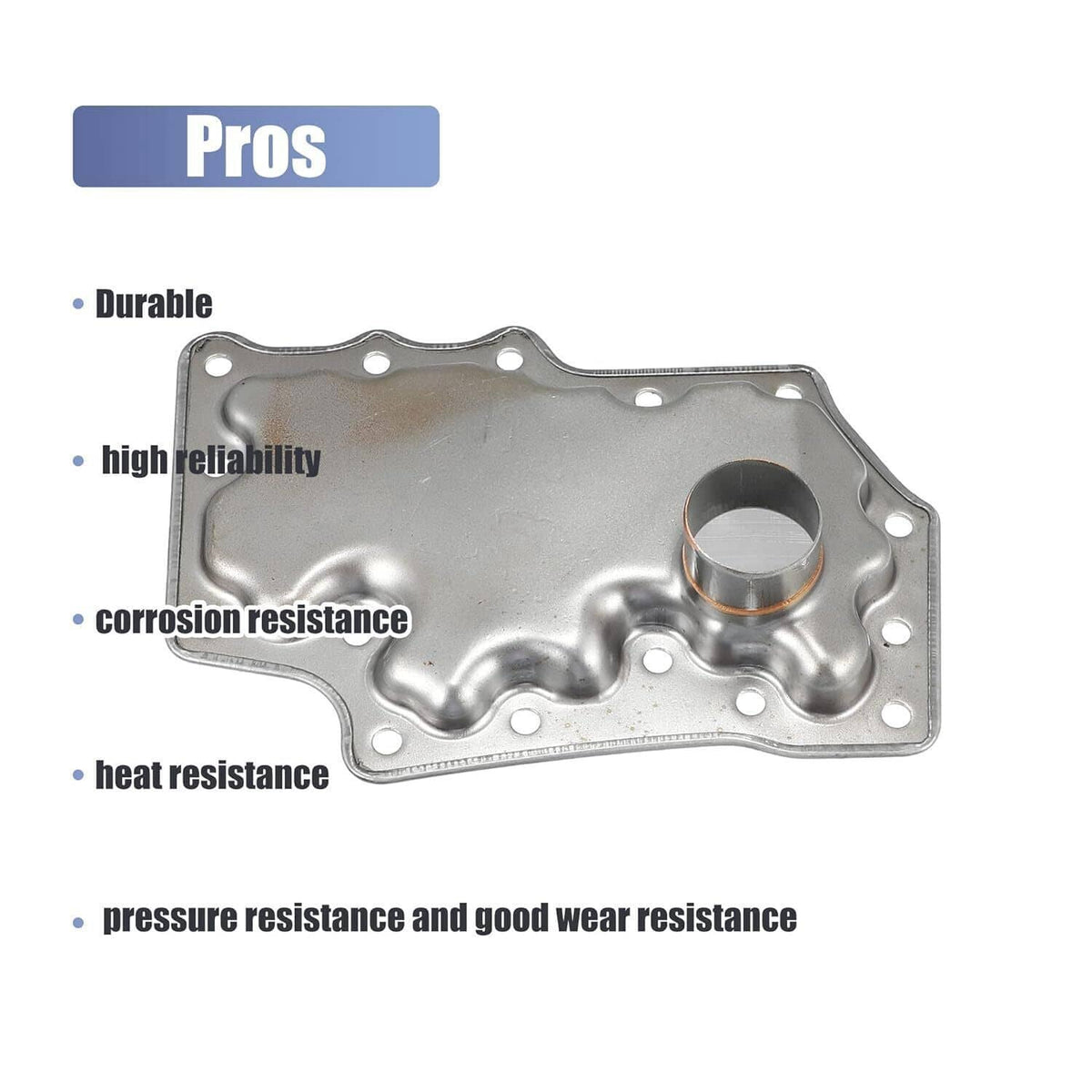 Metal transmission oil filter pan with center tube opening and mounting holes