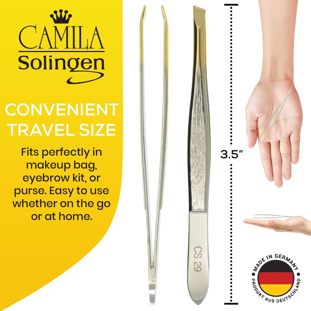 Slanted eyebrow tweezers with gold detailing, 3.5 in travel size